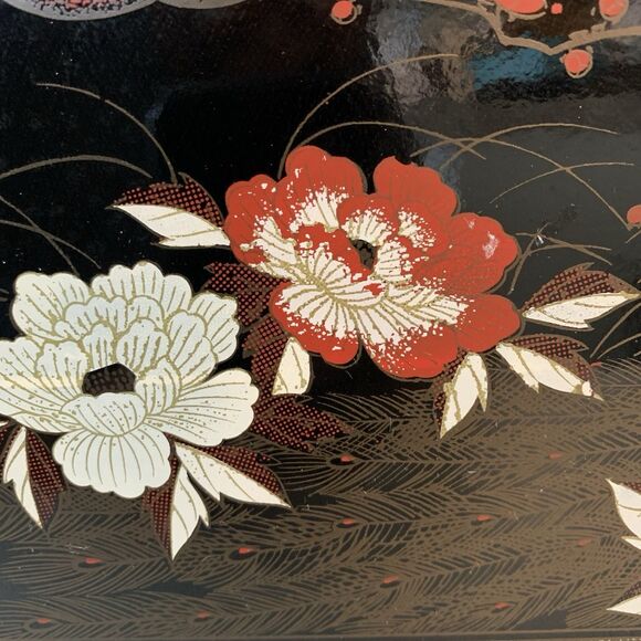 Vintage Japanese Peacock Lacquerware Tray Black & Gold Floral Large 19” x 11” - Picture 3 of 8